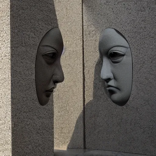 Image similar to surrealism sculpture by enrico ferrarini, faces of the double shadow