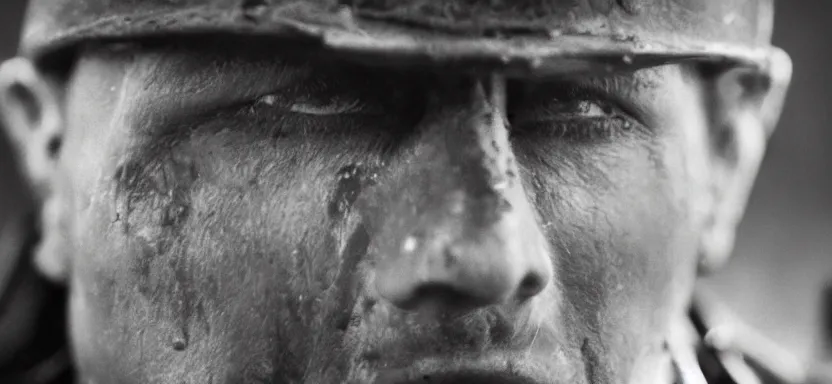 Prompt: horrified World War 1 soldier close-up, high contrast lighting, IMAX cinematic film still