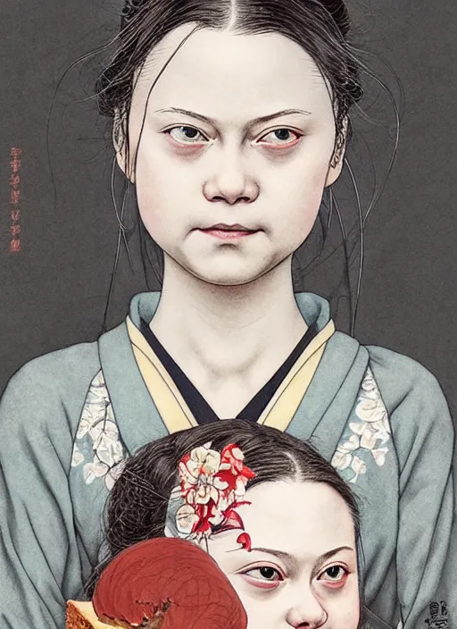 Prompt: detailed portrait of greta thunberg as a geisha eating cakes, trending on artstation elite, elegant, luxury, by krenz cushart, junji ito, takato yamamoto, perfect face, fine details, realistic shaded, fine - face, pretty face