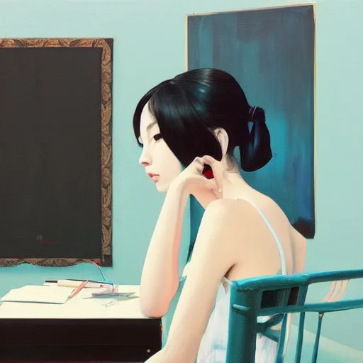 Image similar to oil painting by ilya kuvshinov, conrad roset, coby whitmore, of a youthful japanese beauty sitting on antique chair leaning against a desk, sideview, victorian room