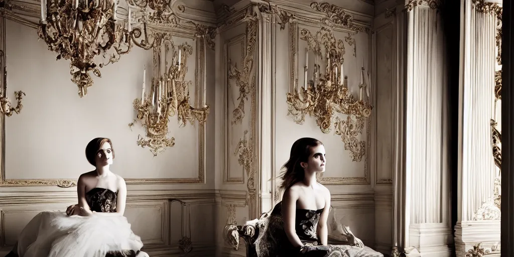 Prompt: Emma Watson portrait baroque room cinematic lighting canon 5d mk4