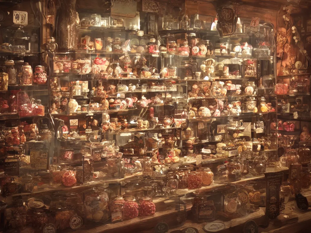 Prompt: Inside an old fashioned sweet shop, sweet jars on shelves, fantasy vendor interior, wide angle, cinematic, highly detailed, cinematic lighting , photorealistic, trending on cgsociety, trending on artstation