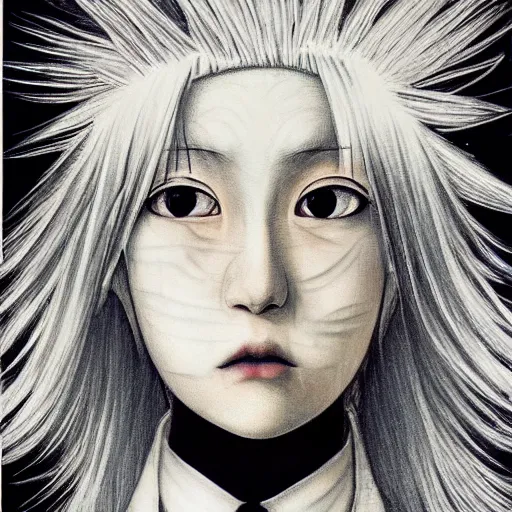 Prompt: Yoshitaka Amano realistic illustration of an anime girl with white hair, eyes without pupils and cracks on her face wearing dress suit with tie fluttering in the wind, abstract black and white patterns on the background, noisy film grain effect, highly detailed, Renaissance oil painting, weird portrait angle