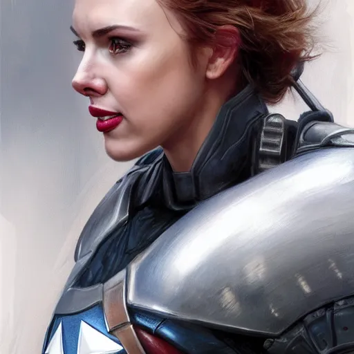 Prompt: captain america as an attractive young smiling woman played by by scarlett johansson wearing heavy armour, face portrait, athletic strong body, hd shot, digital portrait, elegant, beautiful, fantasy art, artstation, comic style, by artgerm, guy denning, jakub rozalski, magali villeneuve and charlie bowater