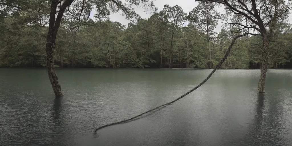 Image similar to photograph of a long rope floating on the surface of the water, the rope is snaking from the foreground stretching out towards the vortex sinkhole center of the lake, a dark lake on a cloudy day, mood, trees in the background, anamorphic lens