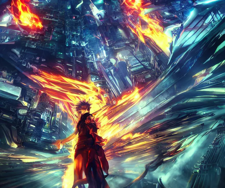 Image similar to neo tokyo, high fantasy, final fantasy, concept art, video game, phoenix flames