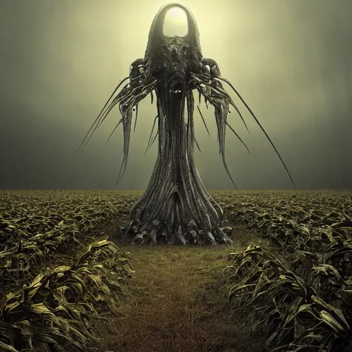 Prompt: large ominous alien structure in the middle of a corn field, dark, moody, highly detailed, trending on artstation, concept art, sharp focus, octane render, dramatic volumetric lighting, art by hr giger