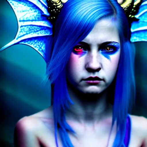 Image similar to The dragon girl portrait, portrait of young girl half dragon half human, dragon girl, dragon skin, dragon eyes, dragon crown, blue hair, long hair, highly detailed, cinematic lighting, Matte painting by David Lynch