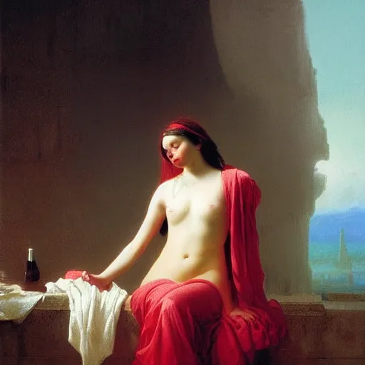 Prompt: portrait of a young women bathing in blood wearing a thin robe, highly detailed painting by aivazovski 8 k