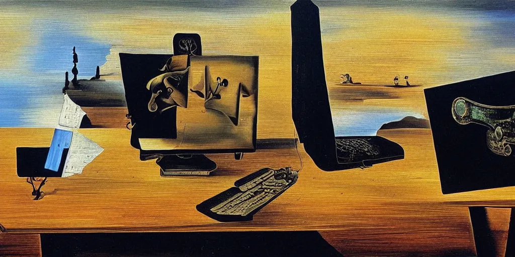 Image similar to A painting of a table with a computer on it, by Salvador Dalí