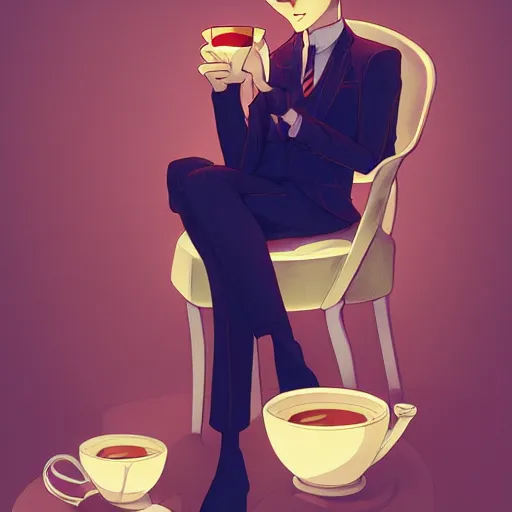Image similar to a weasel in a suit was drinking tea, surrounded by tea houses ambient lighting, 4 k, lois van baarle, ilya kuvshinov, rossdraws, alphonse mucha, jung gi kim, artstation