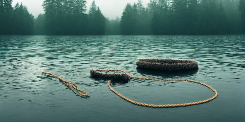 Image similar to symmetrical photograph of an infinitely long rope submerged on the surface of the water, the rope is snaking from the foreground towards the center of the lake, a dark lake on a cloudy day, trees in the background, dreamy kodak color stock, anamorphic lens