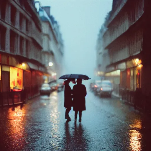 Image similar to street of paris photography, night, rain, mist, lovers holding hands, cinestill 8 0 0 t, in the style of william eggleston