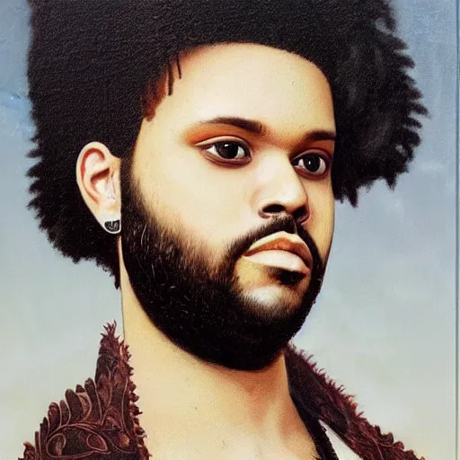 Image similar to a renaissance style portrait painting of the weeknd
