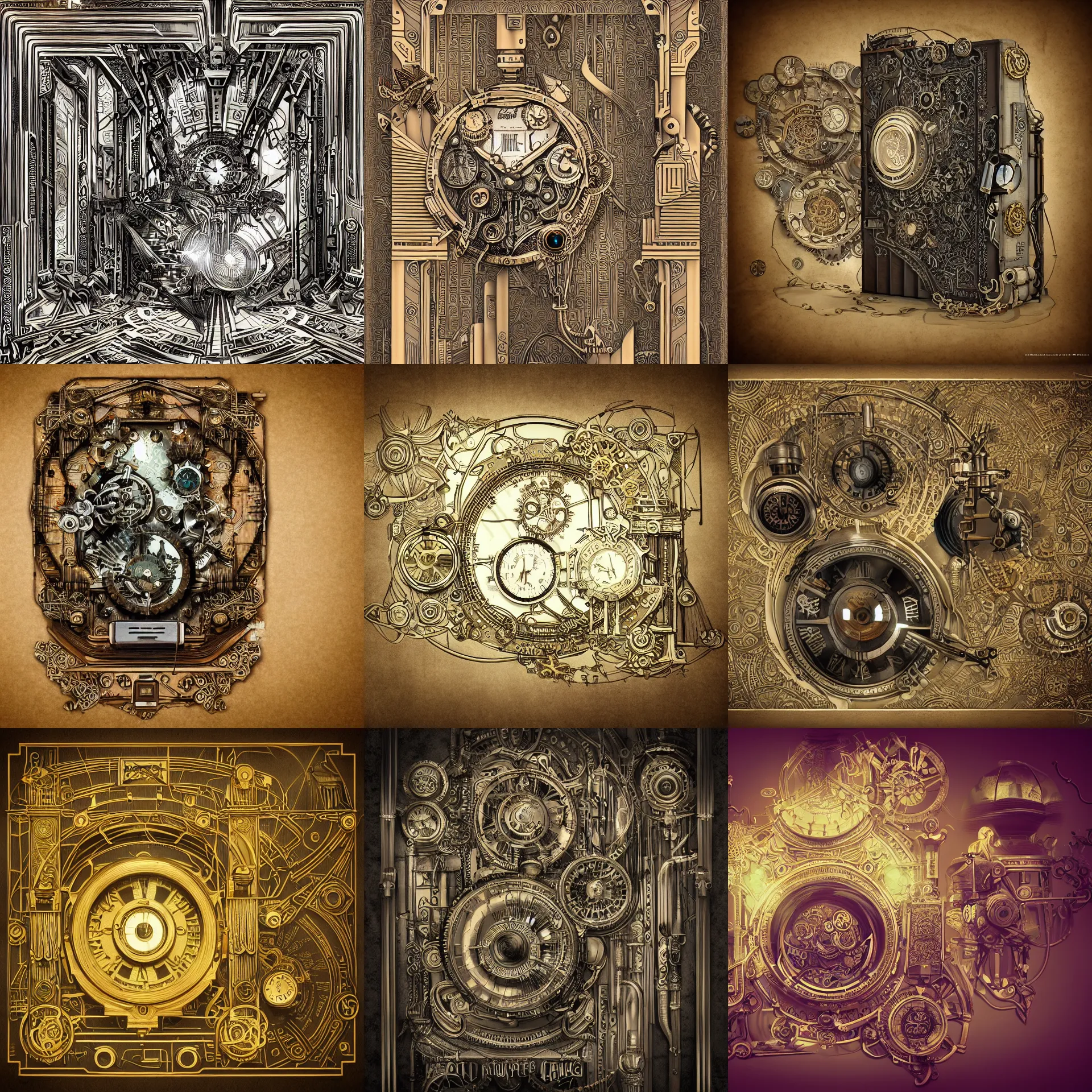 Prompt: extremely detailed illustration high tech steampunk eerie stylized digital notebook doodles drawings musings art deco with art deco filigree scrollwork 8 k render