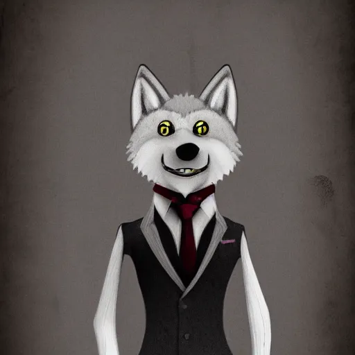 Image similar to A drunk wolf in a suit and tie pretending to be a person, artstation, digital art