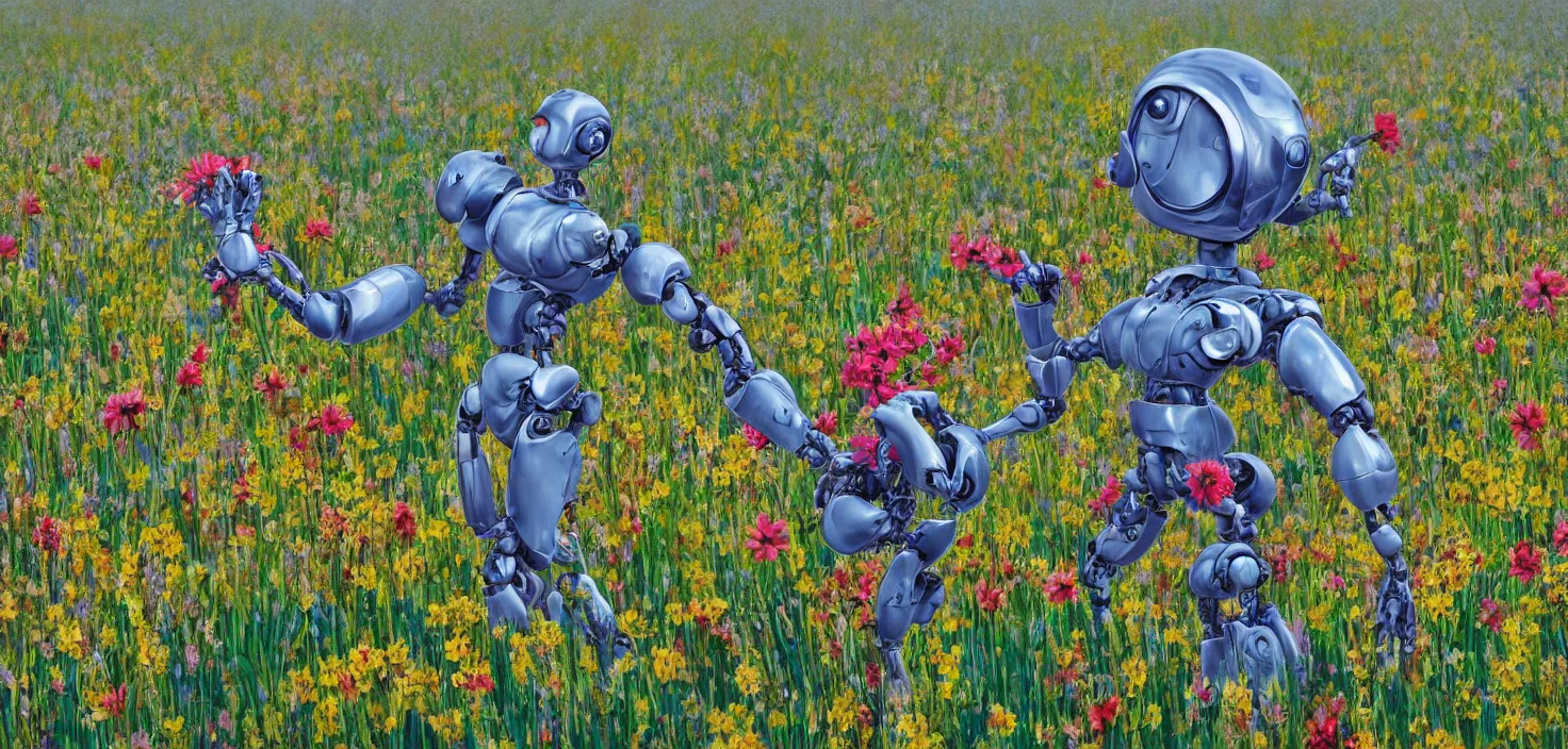 Image similar to detailed digital painting of a robot picking a flower in a beautiful open field, VISTA photography by Carr Clifton Galen Rowell