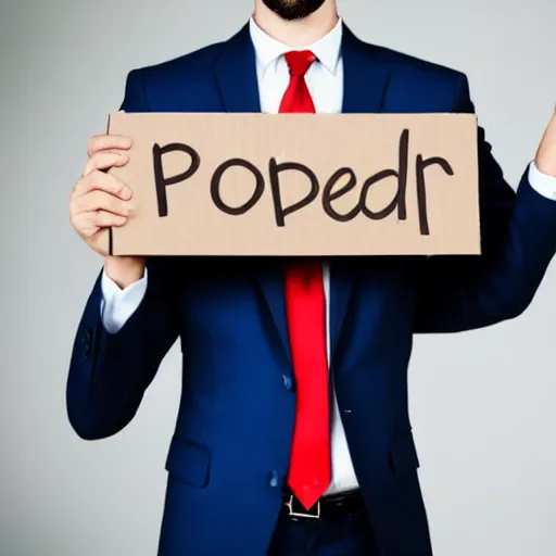 Prompt: man wearing a suit holding up a cardboard sign