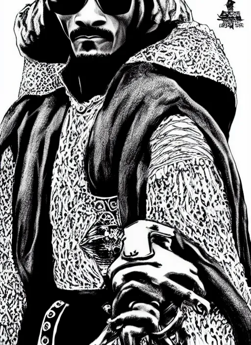 Image similar to Snoop Dogg as a knight, highly detailed, black and white, manga, art by Kentaro Miura