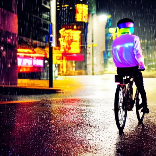 Image similar to food delivery driver riding futuristic rocket powered bike through dark rainy street with lots of neon, cyberpunk