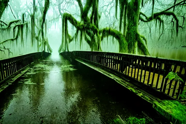 Prompt: a cursed bridge through an evil swamp