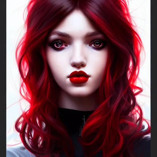 Image similar to a realistic illustration portrait of a beautiful cute girl with wavy black and red hair, a pointy nose and, round chin black eyeliner, trending on artstation, dynamic, asymmetrical, hyper - realistic lighting, intricate, ross tran, realistic hair