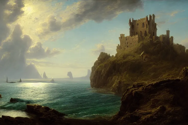 Image similar to an old castle on a seaside cliff at the edge of the world by andreas achenbach and peder balke and martin johnson heade sharp digital painting. dreaming latent space. matte painting, concept art. artstation. digital render. hdr, high dynamic range, global illumination, realistic, 8 k