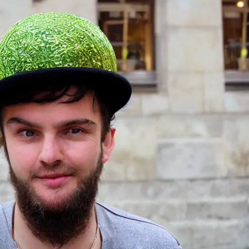 Prompt: Guy wearing a cucumber for a hat, French guy, gold and lace