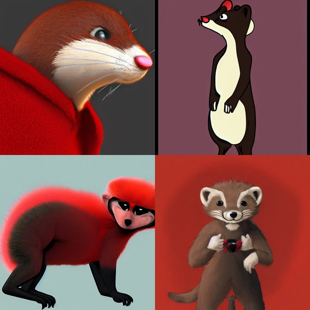 Prompt: a furry weasel / stoat fursona, anthropomorphic, red & black fur