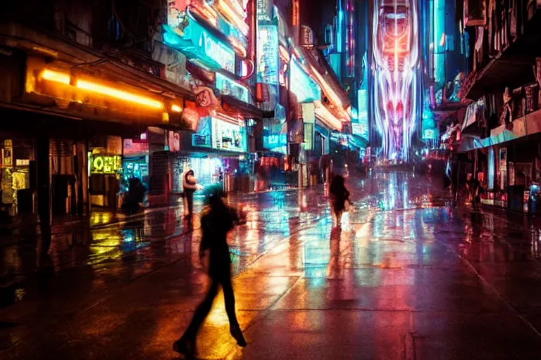 Image similar to VFX movie portrait closeup beautiful blade runner giant hologram woman glowing translucent skin, natural night street lighting in the city alley by Emmanuel Lubezki