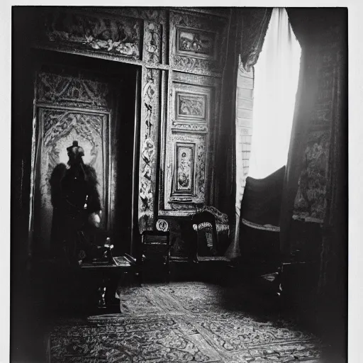 Prompt: ivan the terrible in his palace in moscow kills the time, kodak, old photo, black and white, film, wide lens, 1 6 mm,