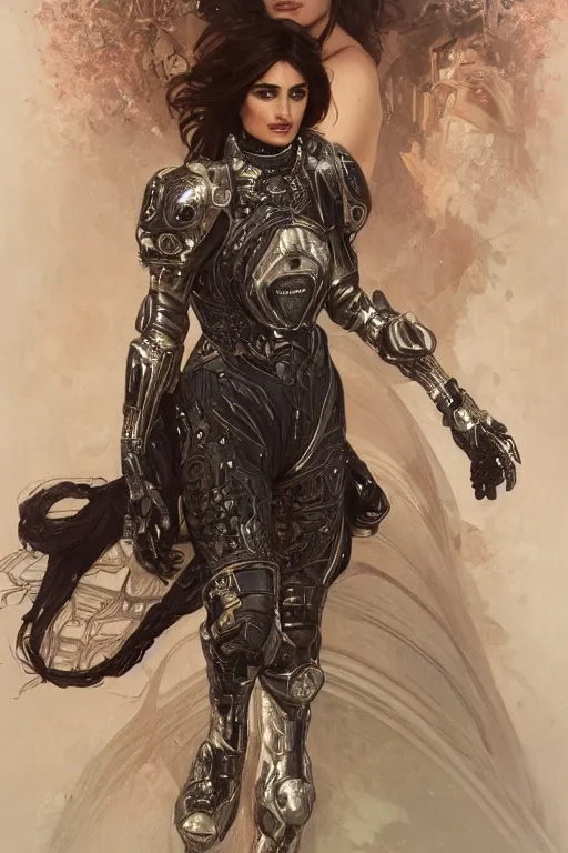 Image similar to an ultradetailed portrait of penelope cruz in detailed futuristic sci - fi armor, intricate, elegant, highly detailed, digital painting, matte, sharp focus, illustration, art by john collier and albert aublet and krenz cushart and artem demura and alphonse mucha