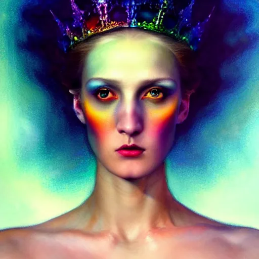 Prompt: a beautiful rainbow queen being watched by a being of darkness, diffuse lighting, fantasy, intricate , elegant, highly detailed, lifelike, photorealistic, digital painting, artstation, illustration, concept art, smooth, sharp focus, art by John Collier and Albert Aublet and Leonardo da vinci and Krenz Cushart and Artem Demura and Alphonse Mucha-H 704