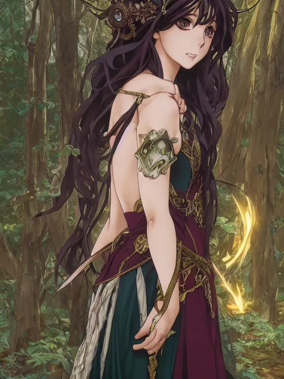 Prompt: anime key visual of amora the enchantress with her back to the camera wearing a medieval gown!! intricate, magical forest, stunning, highly detailed, digital painting, artstation, smooth, hard focus, illustration, art by artgerm and greg rutkowski and alphonse mucha