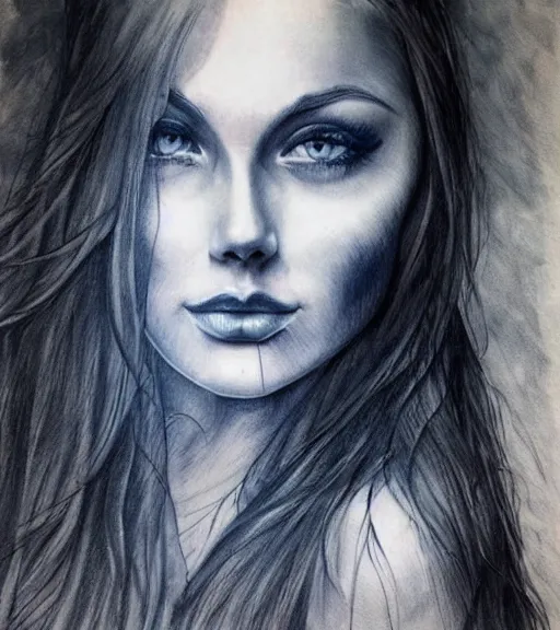 Image similar to tattoo design sketch of a beautiful blue - eyed woman face with a faded background of beautiful mountains and nature on her side, hyper - realistic, in the style of den yakovlev, amazing detail, black and white