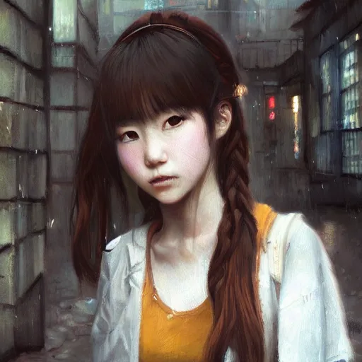 Prompt: a perfect, realistic professional oil painting in romanticism style, of a Japanese schoolgirl posing in a dystopian alleyway, close-up, by a professional American senior artist on ArtStation, a high-quality hollywood-style concept