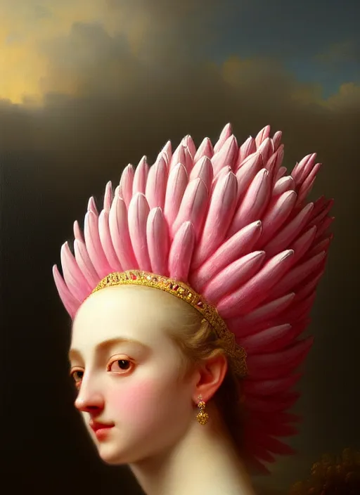 Image similar to stunning swedish godess princess, detailed pink and white protea head peace against a black backdrop by ivan aivazovsky, wlop, super sharp details, photorealism, 5 0 mm lens, oil painting, beautiful soft lighting, muted colours, artstation