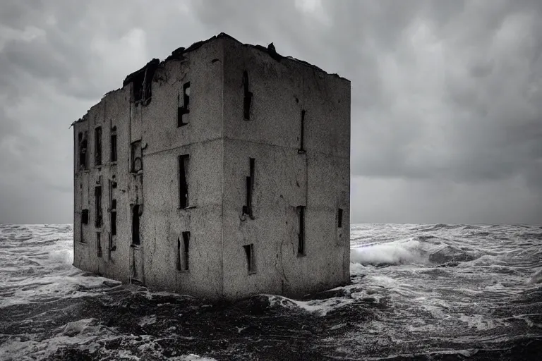 Image similar to high key lighting, lighting storm, danila tkachenko, shipwreck, photograph of an abandonet soviet building bloc in the middle of the ocean, big waves