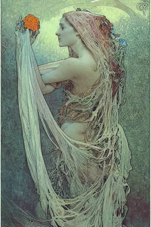 Prompt: alphonse mucha meet beksinski