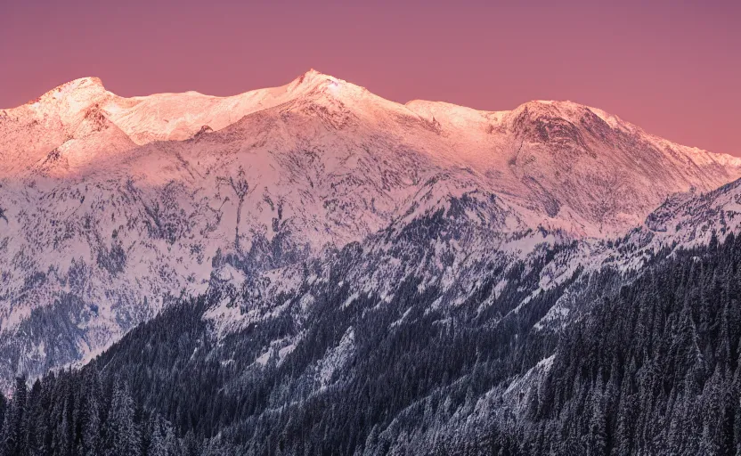 Image similar to professional photo of a snow topped mountain lit by the sunset