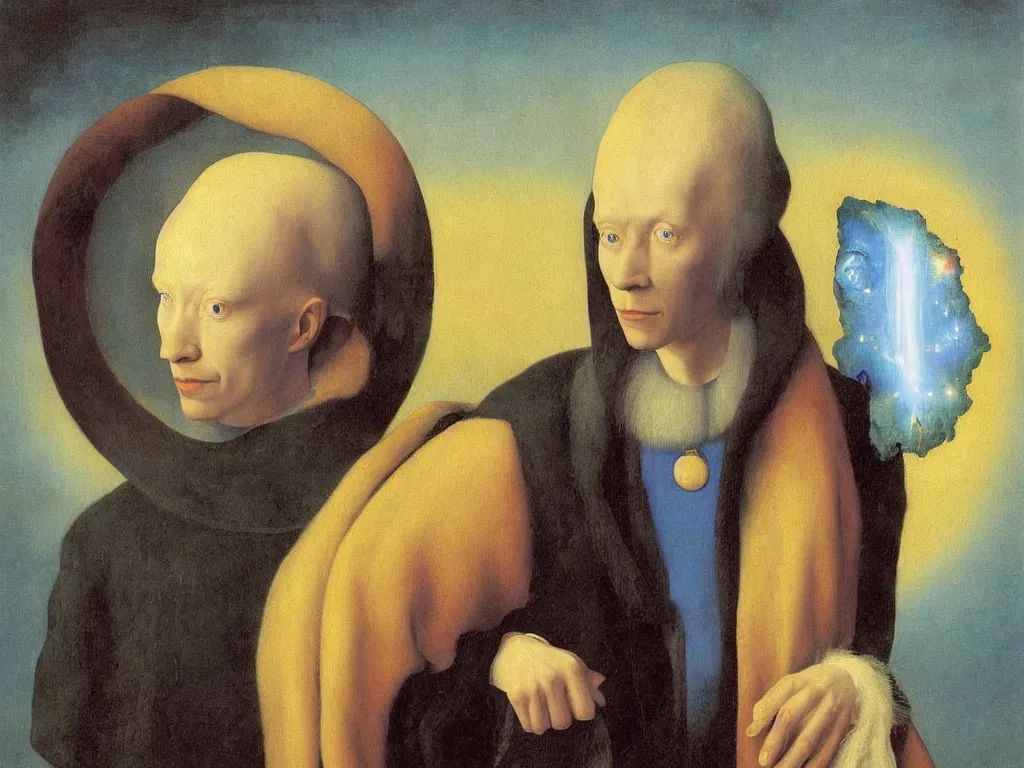 Prompt: Portrait of albino mystic with blue eyes, with exotic meteor. Painting by Jan van Eyck, Audubon, Rene Magritte, Agnes Pelton, Max Ernst, Walton Ford