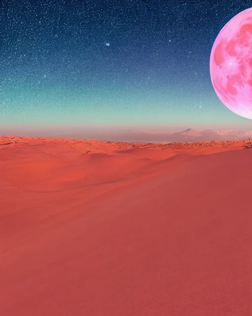 Image similar to the most beautiful sunset, giant pink full moon, a sky full of stars aticama desert chile, a buddha with a golden dorje above his head, coherent design, symmetrical, concept art, vivid color, complementary color, golden ratio, detailed, sharp lines, intricate, rainbowshift, by mc escher, octane render