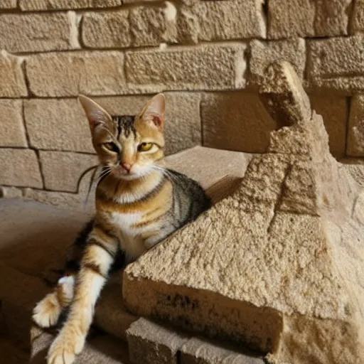 Prompt: A tabby cat seated on a throne inside the Great Pyramid of Giza