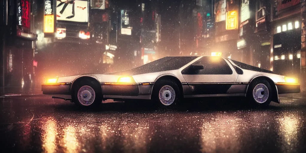 Prompt: close up macro shot of a delorean car on wet tokyo street at night, intricate, hyper detailed, smooth, high contrast, neon, volumetric lighting, octane, moebius, greg rutkowski, blade runner, ridley scott, cinematic