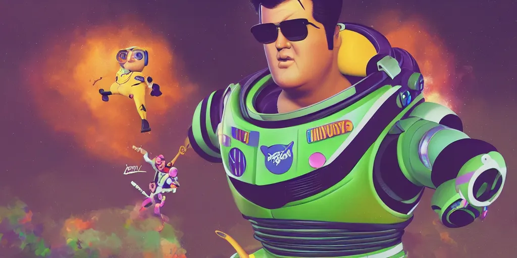 Prompt: elvis as buzz lightyear, colorful, contrast, kim jung gi, greg rutkowski, zabrocki, karlkka, jayison devadas, trending on artstation, 8 k, ultra wide angle, zenith view, pincushion lens effect