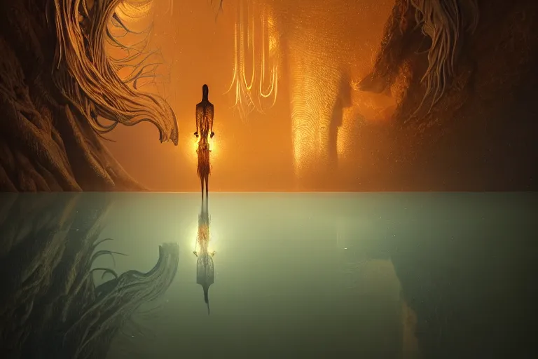 Image similar to creature in a alaska, water reflection, backlit, warm tones, bioluminescent bioluminescent translucent translucent : : by michal karcz, daniel merriam, victo ngai and guillermo del toro : : ornate, dynamic, particulate, intricate, elegant, highly detailed, centered, artstation, smooth, sharp focus, octane render, 3 d