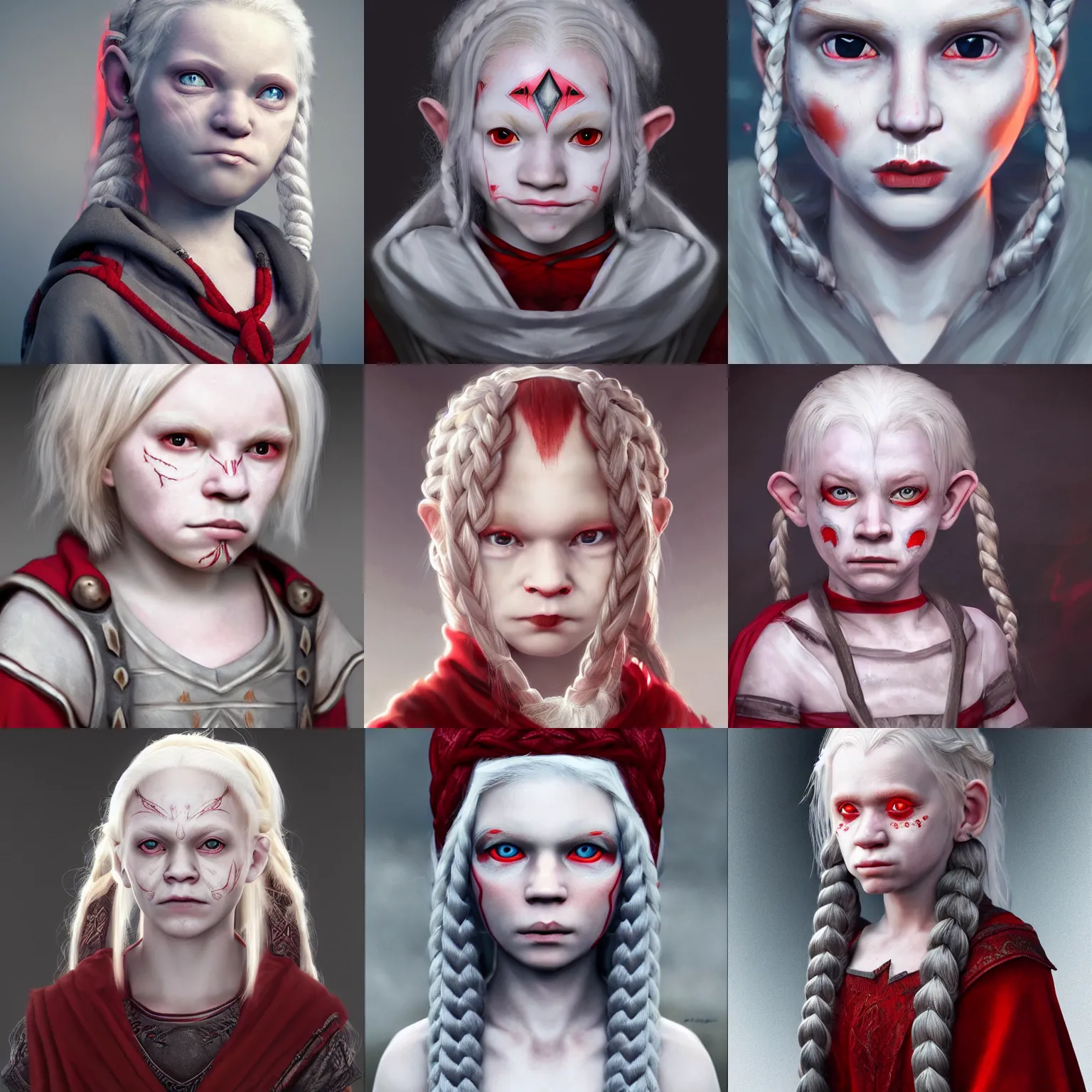 Prompt: realistic portrait of a young albino female halfling with red! eyes and white!!! braided hair and a grey! cloak, geometric facial tattoos!!!!!!, hair ribbon, haunted and sad expression, artstation, cinematic lighting, 8 k, digital art