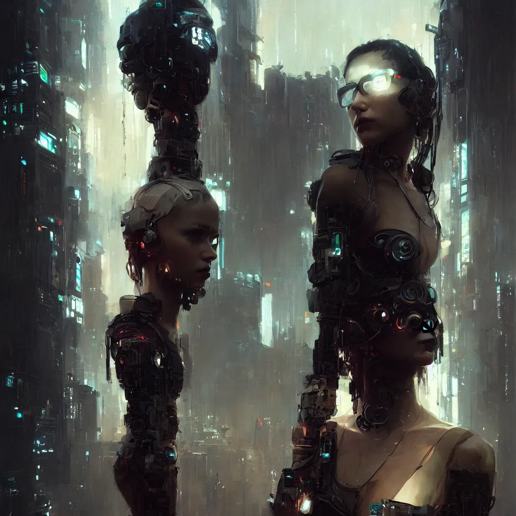 Image similar to female cyberpunk, beautiful face, rule of thirds, intricate outfit, spotlight, by greg rutkowski, by jeremy mann, digital painting