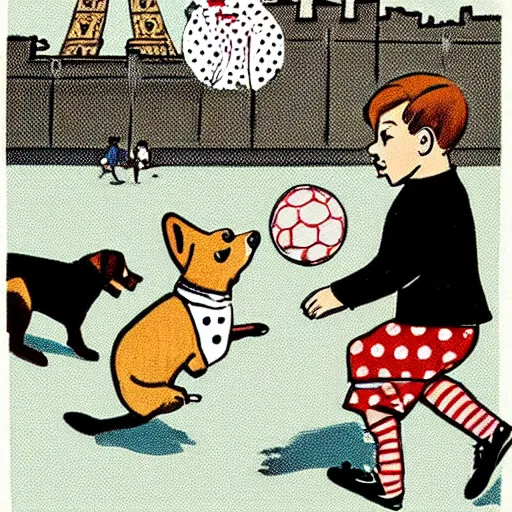 Image similar to illustration of french boy on the streets of paris playing football against a corgi, the dog is wearing a polka dot scarf, comic, 1 9 6 3