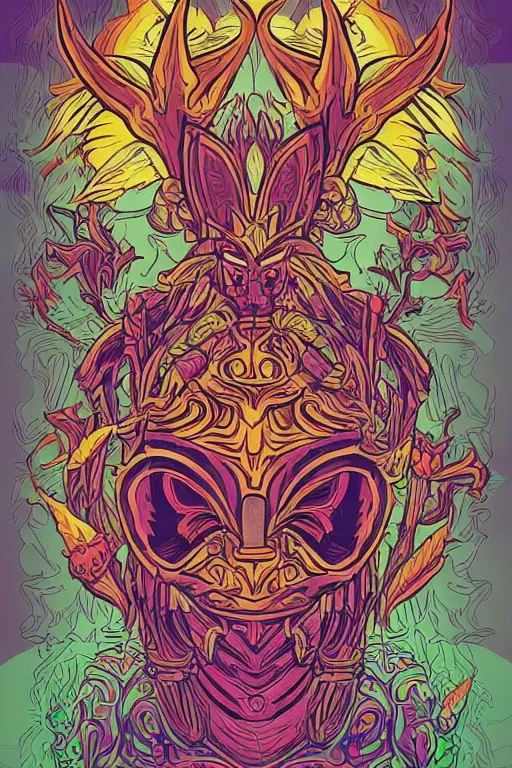 Image similar to animal mask totem roots flower tribal feather gemstone plant wood rock shaman vodoo video game vector cutout illustration vivid multicolor borderlands comics by josan gonzales and dan mumford radiating a glowing aura